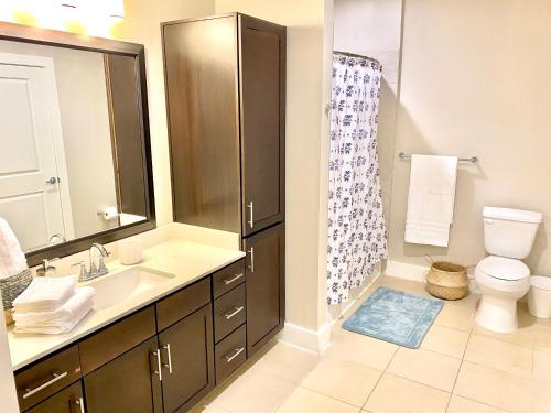 ein Bad mit einem Waschbecken, einem WC und einer Dusche in der Unterkunft Pristine Apt-King Bed-Access to 3 Las Vegas Pools! in Bryan