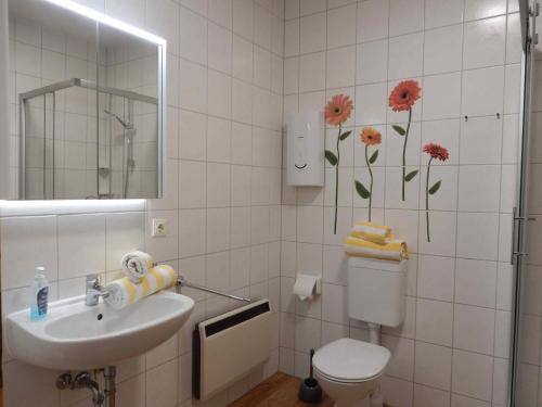 プレローにあるHinter den Dünen D82のバスルーム(洗面台、トイレ、鏡付)