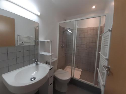 a bathroom with a sink and a toilet and a shower at Les Prairies de Bellevue, idéal curistes, vacanciers et ouvriers in La Roche-Posay