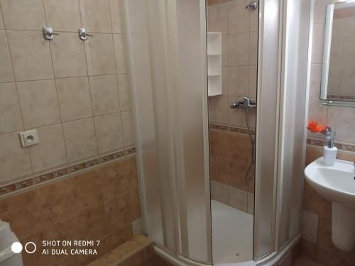 a shower with a glass door next to a sink at Penzion Relax Martina in České Budějovice