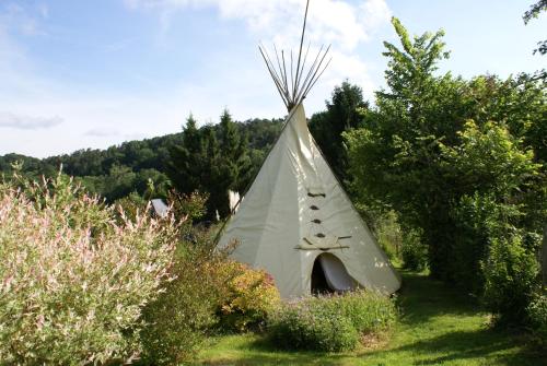 a tent in a field with trees and bushes at Le Refuge du Clos du Moulin in Brionne