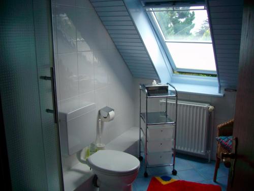 ハイリゲンハーフェンにあるFerienwohnung mit Ostseeblickの小さなバスルーム(トイレ、窓付)が備わります。