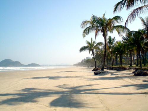 una spiaggia sabbiosa con palme e l'oceano di Amarilis Flat Service a Riviera de São Lourenço