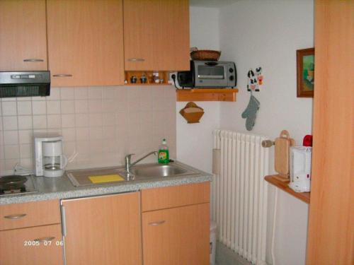 a small kitchen with a sink and a microwave at DAT OLE FISCHERHUS - App 2 in Heiligenhafen