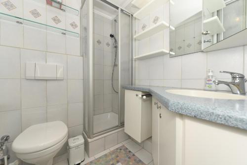 een badkamer met een toilet, een wastafel en een douche bij Haus Oland Whg 18 in Wyk auf Föhr