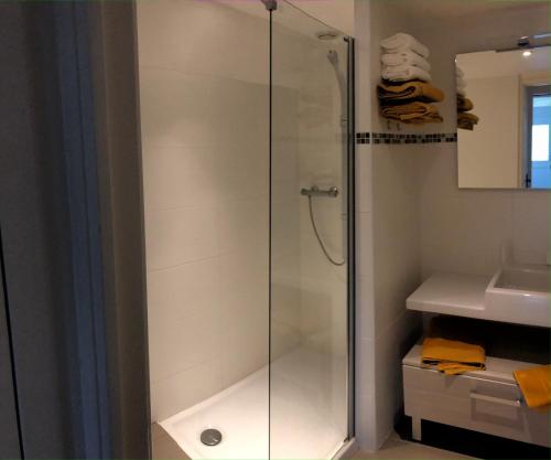 a shower with a glass door in a bathroom at Cottage Anadwen au pied du lac au duc et son golf in Ploërmel