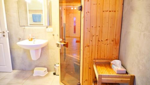 a bathroom with a shower and a sink at "Bauernhof-Claussen", Haus Nordlicht in Sahrensdorf