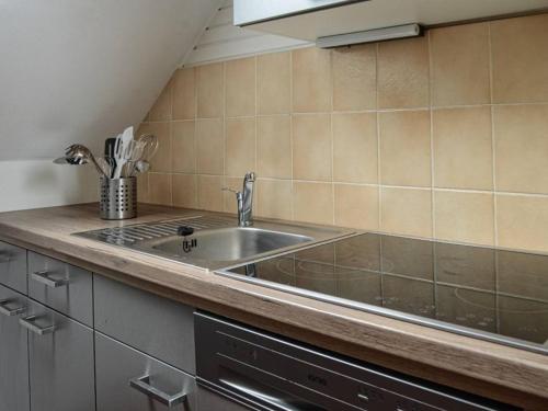 a kitchen with a sink and a counter top at Haus Cathleen, Atelierwohnung in Dahme