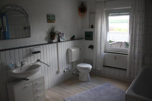 a bathroom with a toilet and a sink and a window at Mühlbachhof in Berg