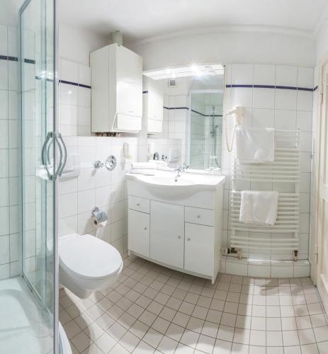 ein Bad mit einem WC, einem Waschbecken und einer Dusche in der Unterkunft Zentrale Ferienwohnung 51qm im Hotel zur Börse in Hameln