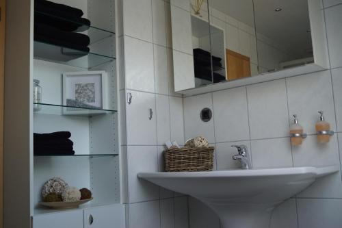 ein Bad mit einem Waschbecken und einem Spiegel in der Unterkunft La Domus Premium Osnabrück Lotte in Gohfeld