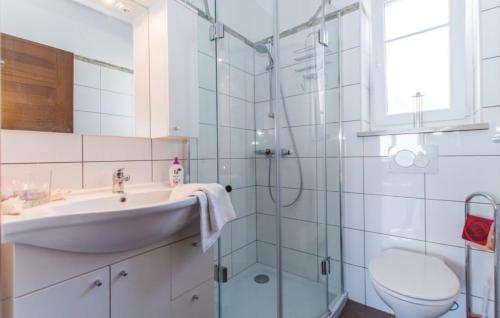 uma casa de banho com um lavatório, um chuveiro e um WC. em VillaBlu2 Doppelhaushälfte Fantastic Seaview, Pool em Zagorje