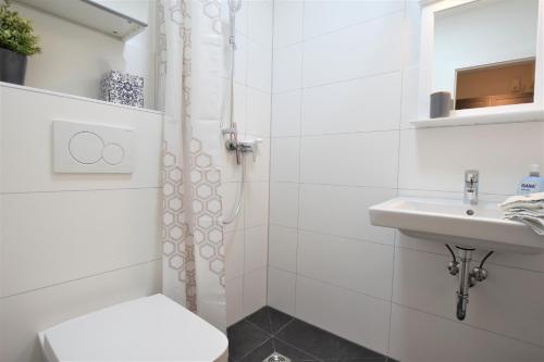 a white bathroom with a toilet and a sink at Landhaus Lippmann Whg1 in Grönwohldshorst