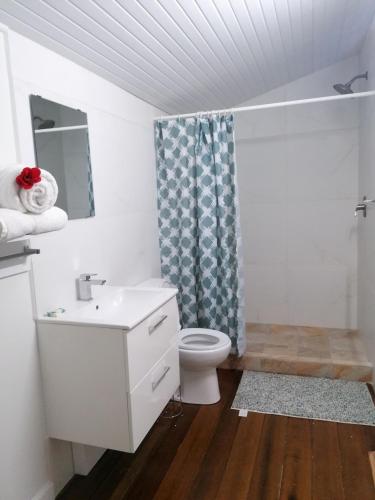a white bathroom with a toilet and a sink at Casa del Vega a Little Peace of Heaven in Castries