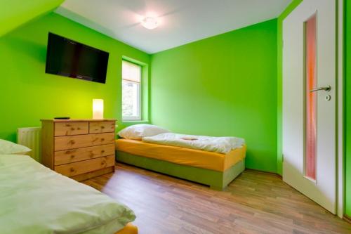 a green bedroom with two beds and a tv at Ferienhaushälfte Hanna in Wieck
