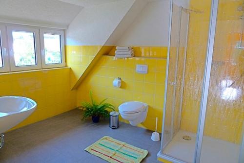 a yellow bathroom with a toilet and a shower at Ferienhaushälfte Hanna in Wieck