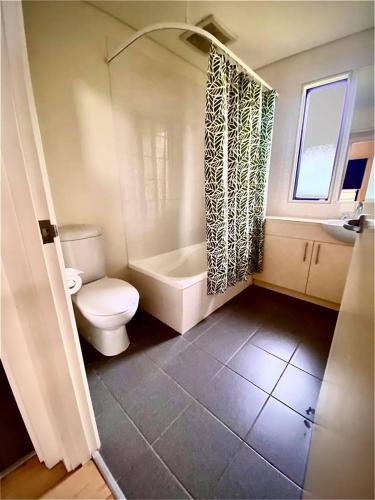 a bathroom with a toilet and a tub and a sink at Pedder Wilderness Lodge in Strathgordon