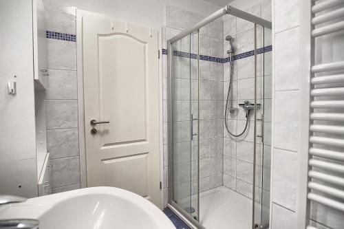 ツィングストにあるVilla Vogelsang, FW 2のバスルーム(シャワー、白いシンク付)