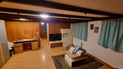 a living room with a couch and a television at Chez Rosalie in La Roche