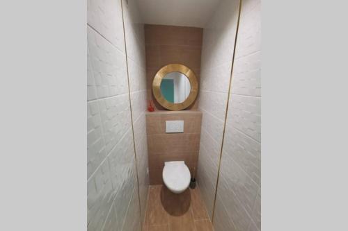 a bathroom with a toilet with a round mirror at Nid d'amour baignoire/jacuzzi in Nice