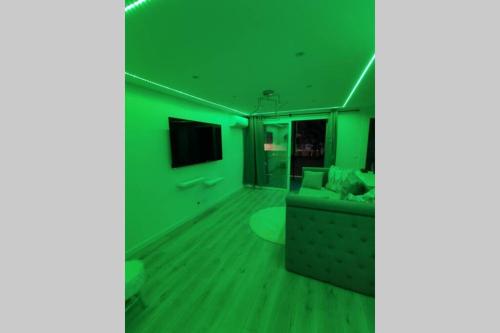 uma sala de estar com paredes verdes e um sofá em Nid d'amour baignoire/jacuzzi em Nice