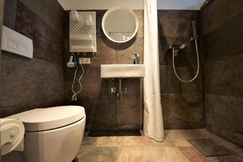 a bathroom with a toilet and a shower and a sink at Ruhe Oase mit tollem Fernblick inmitten der Natur in Limbach