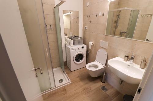 a bathroom with a toilet sink and a washing machine at Bohinj - Old Village House in Bohinj