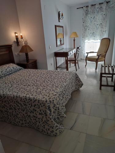 a bedroom with a bed and a table and chairs at Hotel Cervantes in Badajoz