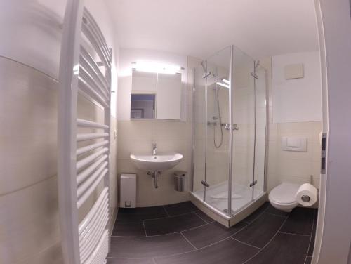 La salle de bains est pourvue d'un lavabo, d'une douche et de toilettes. dans l'établissement FerienDüne 2, à Kägsdorf