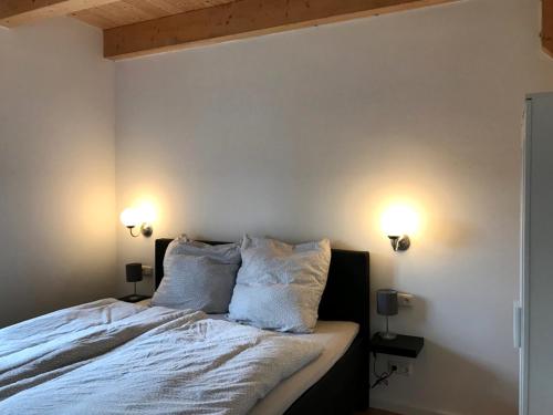 um quarto com uma cama com duas luzes na parede em Moderne Ferienwohnung auf Gut Bennewohld WL em Heide