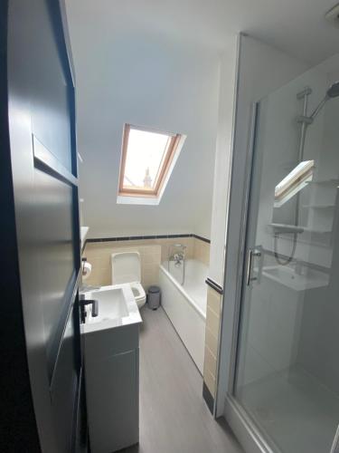 y baño con lavabo, ducha y aseo. en Pristine 2 bedroom apartment with off street parking en Norwich