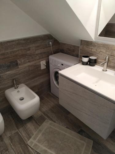 a bathroom with a sink and a washing machine at DA BRUNA in Rovetta