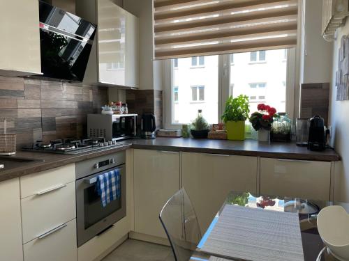 kuchnia z białymi szafkami i piekarnikiem w obiekcie Apartament Koszykowa Latwiec w Warszawie