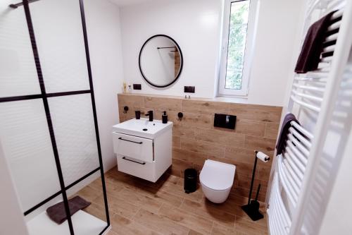 ein Badezimmer mit einer weißen Toilette und einem Spiegel in der Unterkunft LEŚNE ZACISZE in Polanica-Zdrój