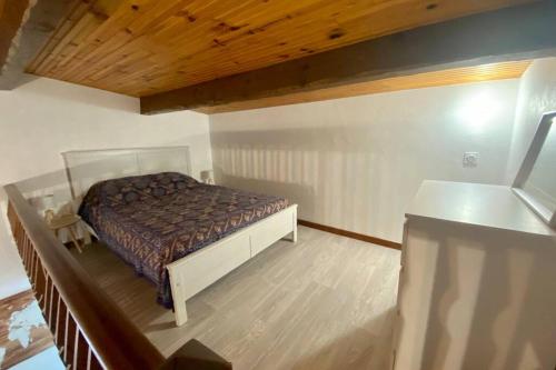ein Schlafzimmer mit einem Bett und einer Holzdecke in der Unterkunft Au calme avec vue magnifique à Saint Maximin in Saint-Maximin