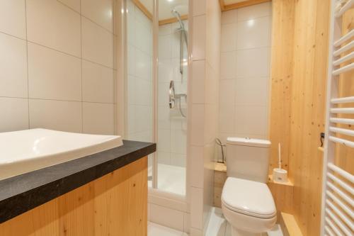 La salle de bains est pourvue de toilettes, d'un lavabo et d'une douche. dans l'établissement Appartements vue Mont-Joly à 2 pas Tramway Mont-Blanc - Studio 1 pièce, à Saint-Gervais-les-Bains