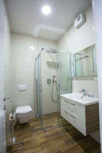 a bathroom with a shower and a sink and a toilet at Poseidon Mobile Home Resort in Makarska