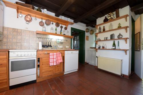 una cocina con electrodomésticos blancos y armarios de madera en Landhaus Nitsch, en Prinzendorf an der Zaya