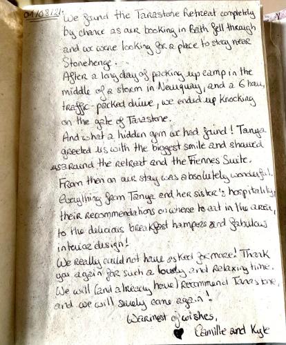 a page of a book with handwriting on it at Luxurious, Fabulous, Fun, Contemporary Suite in Retreat Centre in Salisbury