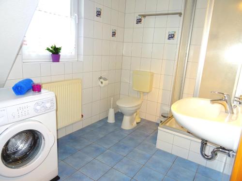 a bathroom with a washing machine and a sink at Birkenstraße 6K in Zingst