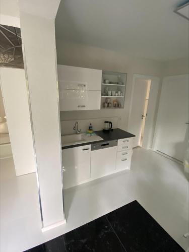 a white kitchen with white cabinets and a sink at Designpension Idyll Nr21 Hotel Garni in Wernigerode