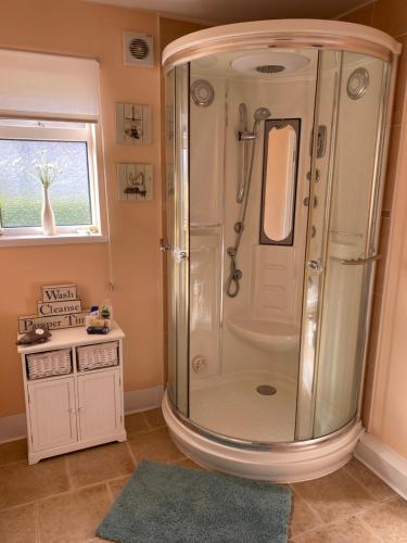 a bathroom with a shower and a sink at Maple Tree Guesthouse in Gretna Green