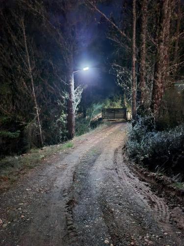 a street light on a dirt road at night at Cabaña Refugio Sauna Spa El Arrayan Casablanca Valdivia in Valdivia