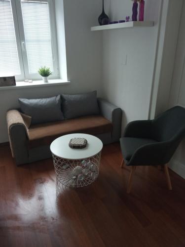 a living room with a couch and a table and a chair at UBYTOVÁNÍ NA SPRÁVNÉM MÍSTĚ in Znojmo