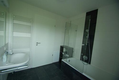 ein Bad mit einer Dusche, einem WC und einem Waschbecken in der Unterkunft Friedrichshafen in Bettnau