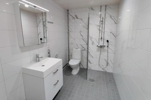 La salle de bains est pourvue de toilettes, d'un lavabo et d'une douche. dans l'établissement The Cutest Studio in Central Tampere, à Tampere