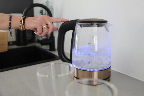 a person is reaching for a drink in a blender at Beachhouse Renesse 2645 in Renesse
