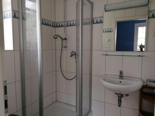 a bathroom with a shower and a sink at Ostseetraum 3 Graal-Mueritz in Gelbensande