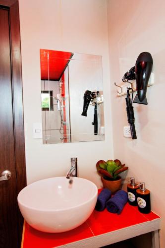 a bathroom with a white sink and a mirror at Casa Suculenta ,Monteverde con Jacuzzi Privado y Lavandería in Monteverde Costa Rica