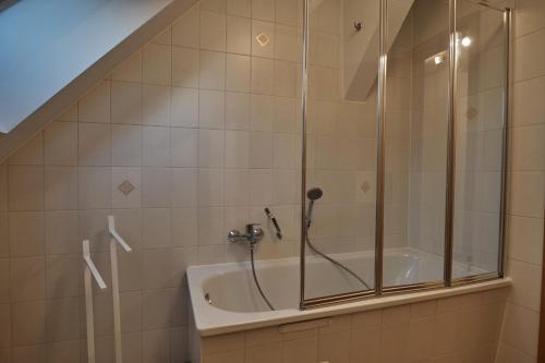 a bathroom with a shower and a bath tub at Ferienwohnung im Pfarrhaus Kölzow in Kölzow